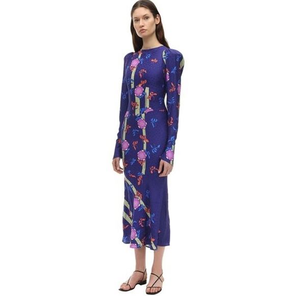 NWT Silvia Astore Jade Blue Floral Silk Midi Dress Size 42 |‎ Medium Long Sleeve - Picture 8 of 16